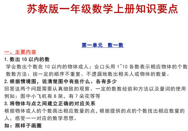 苏教版一年级数学上册知识要点，16页PDF电子版-优学盒子