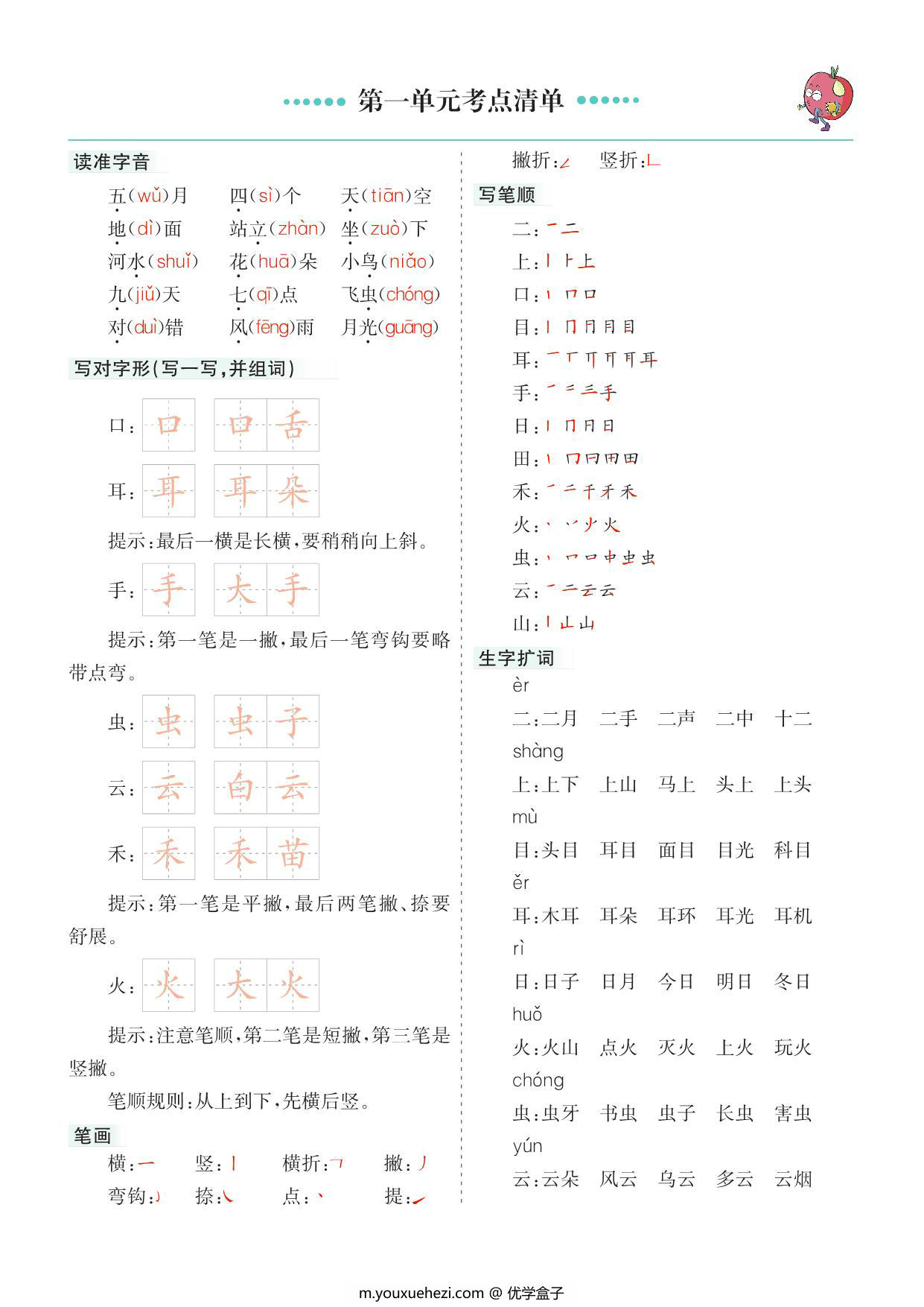 图片[1]-一年级上册语文1-8单元考点清单，14页PDF可打印-优学盒子