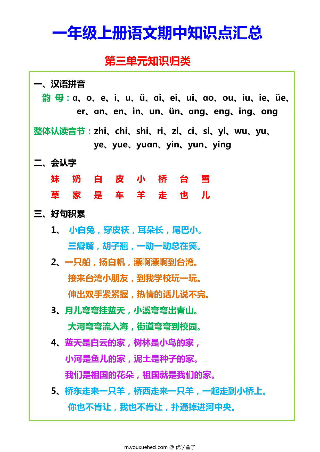 图片[3]-一年级上册语文期中知识点汇总，5页PDF可打印-优学盒子