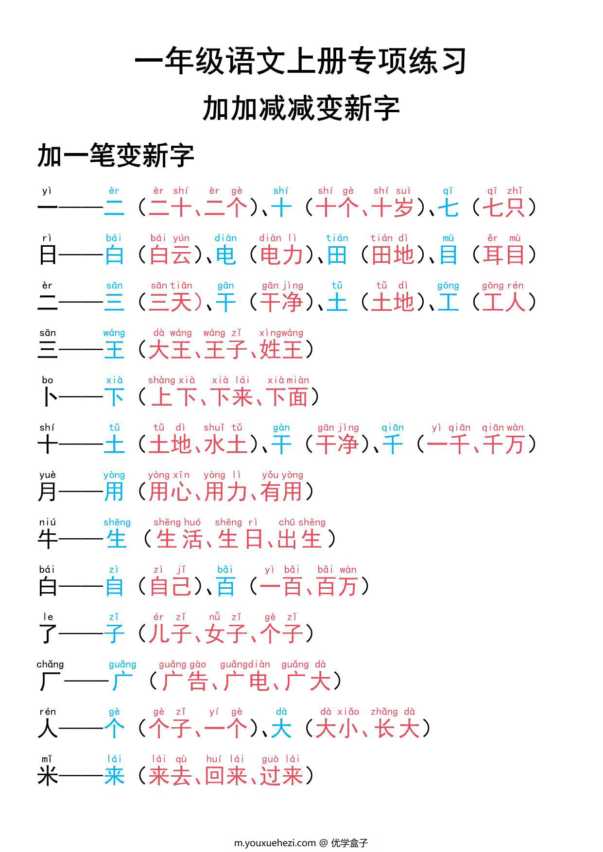 图片[1]-一年级语文上册专项练习加一笔减一笔变新字，9页PDF电子版可打印-优学盒子