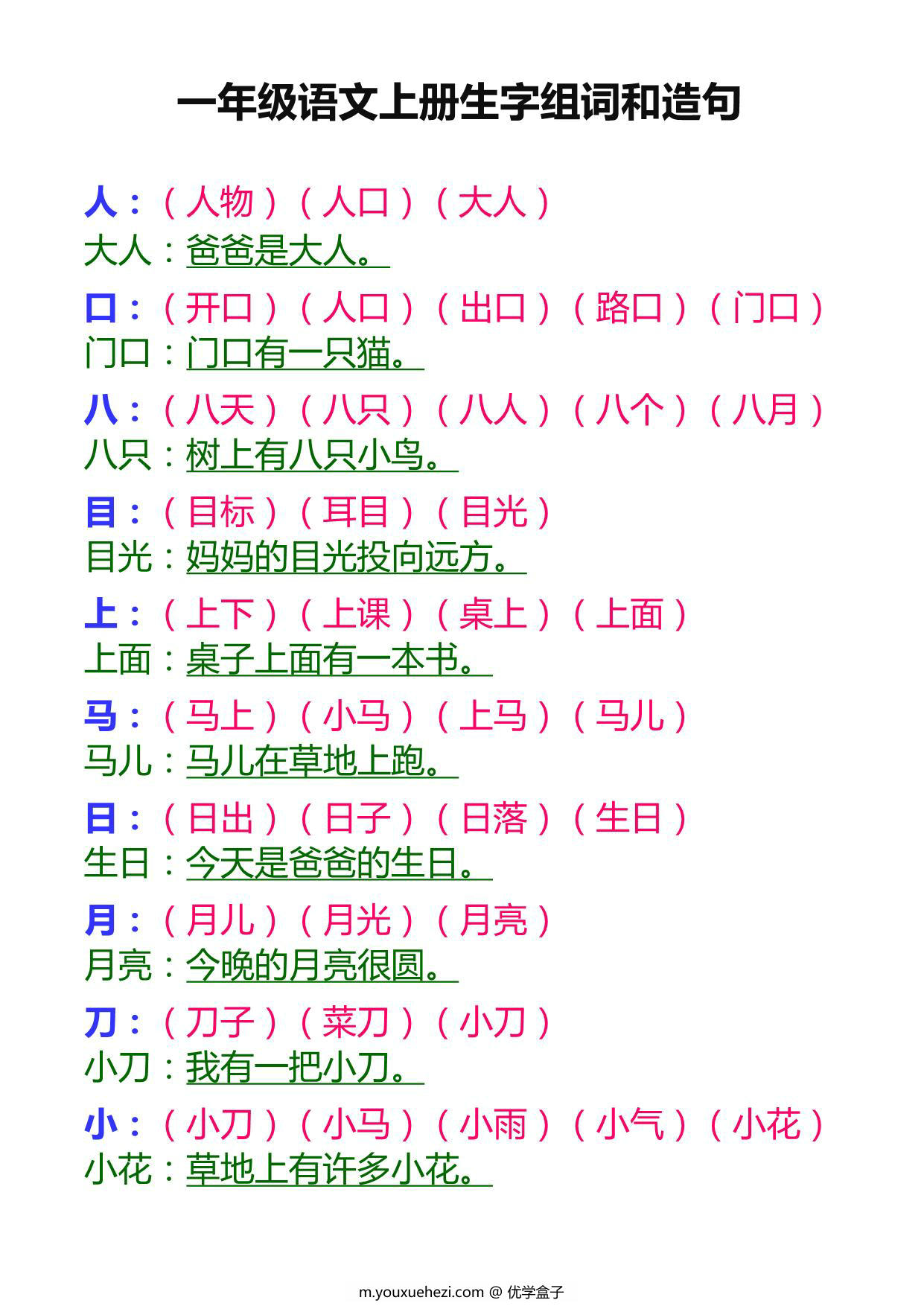 图片[1]-一年级语文上册生字组词和造句，14页PDF电子版可打印-优学盒子