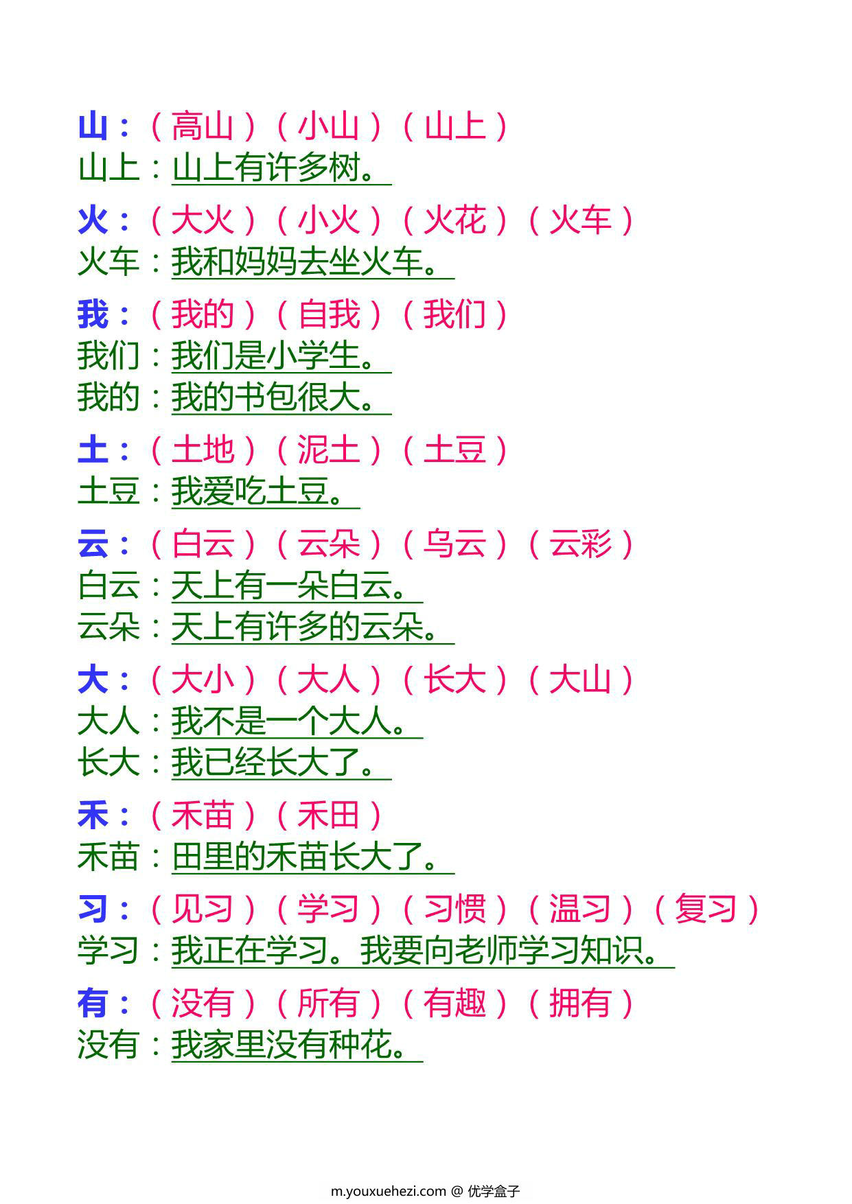 图片[2]-一年级语文上册生字组词和造句，14页PDF电子版可打印-优学盒子
