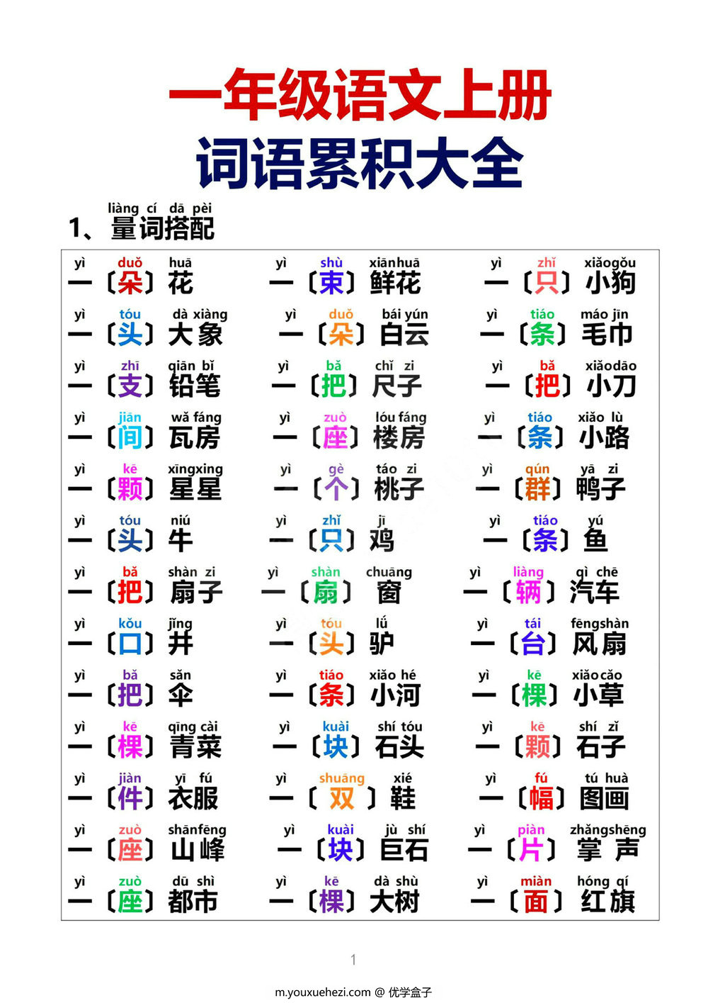 图片[1]-[11月22修正版] 一年级语文上册词语积累大全，8页PDF电子版可打印-优学盒子