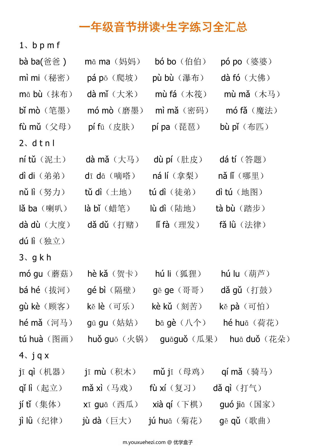 图片[1]-一年级语文音节拼读+生字练习全汇总，10页pdf电子版可打印-优学盒子