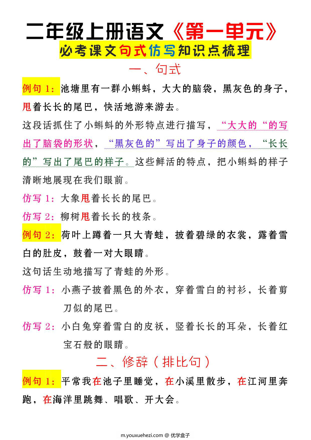 图片[1]-二年级上册语文《第一单元》必考课文句式仿写知识点梳理，3页PDF可打印-优学盒子