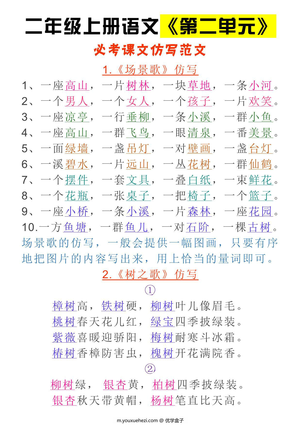 图片[1]-二年级上册语文《第二单元》必考课文仿写范文，3页PDF电子版-优学盒子