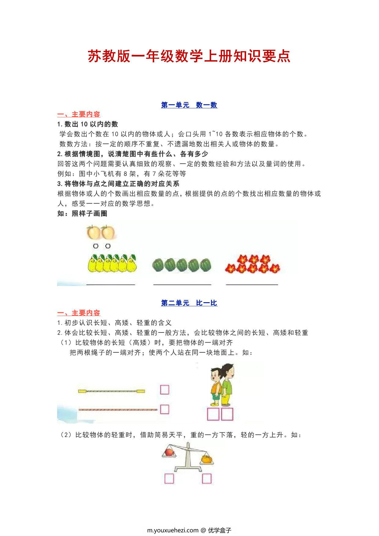 图片[1]-苏教版一年级数学上册知识要点，16页PDF电子版-优学盒子