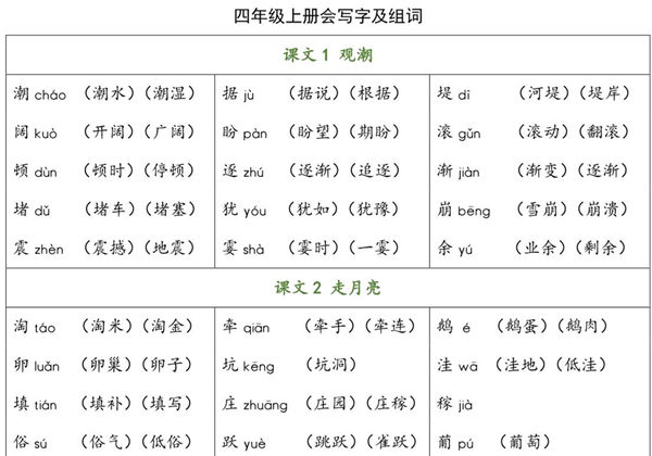 四年级语文上册会写字及组词，7页PDF可打印-优学盒子