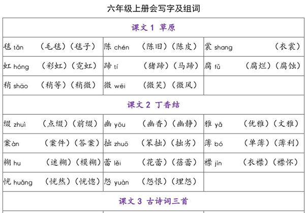 六年级语文上册会写字及组词，5页PDF可打印-优学盒子
