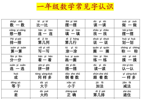 一年级数学常见字认识（拼音版），2页PDF电子版-优学盒子