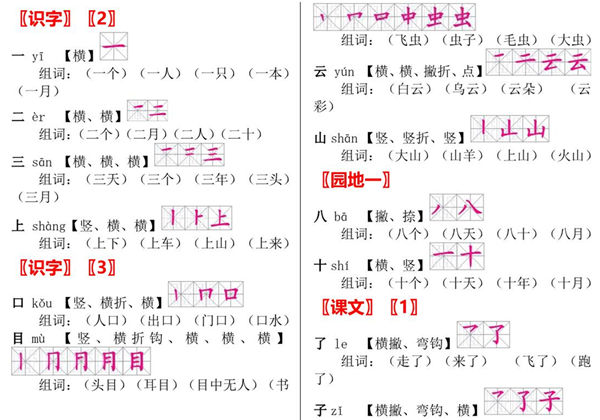 一年级上册语文全册生字 笔顺 组词，4页PDF可打印-优学盒子