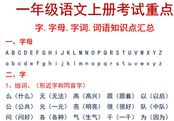 一年级语文上册考试重点 字.字母.字词.词语知识点汇总，7页PDF可打印-优学盒子