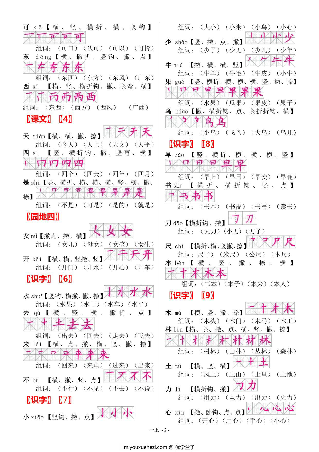 图片[2]-一年级上册语文全册生字 笔顺 组词，4页PDF可打印-优学盒子