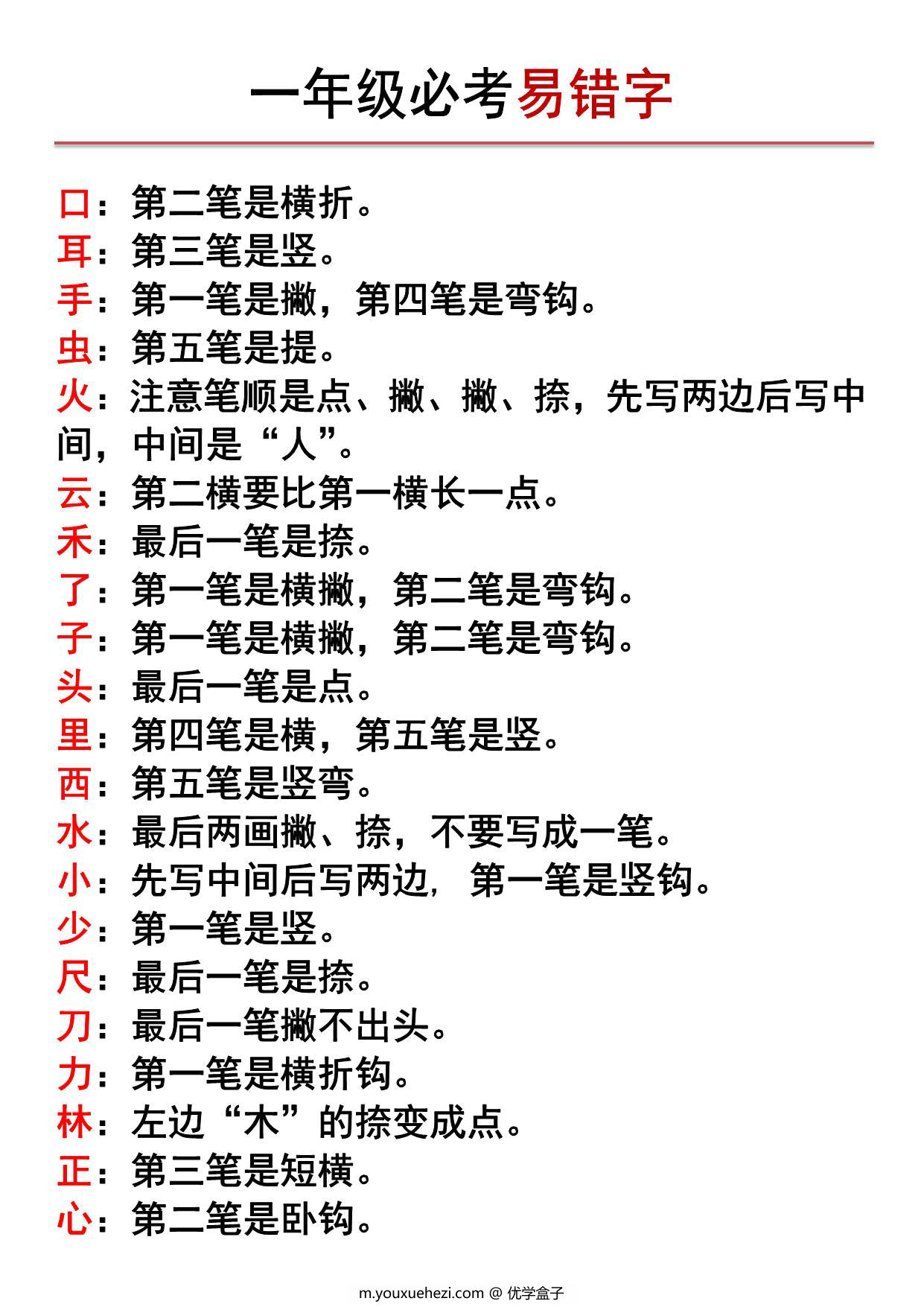 图片[1]-一年级上册语文必考易错字，4页PDF电子版-优学盒子