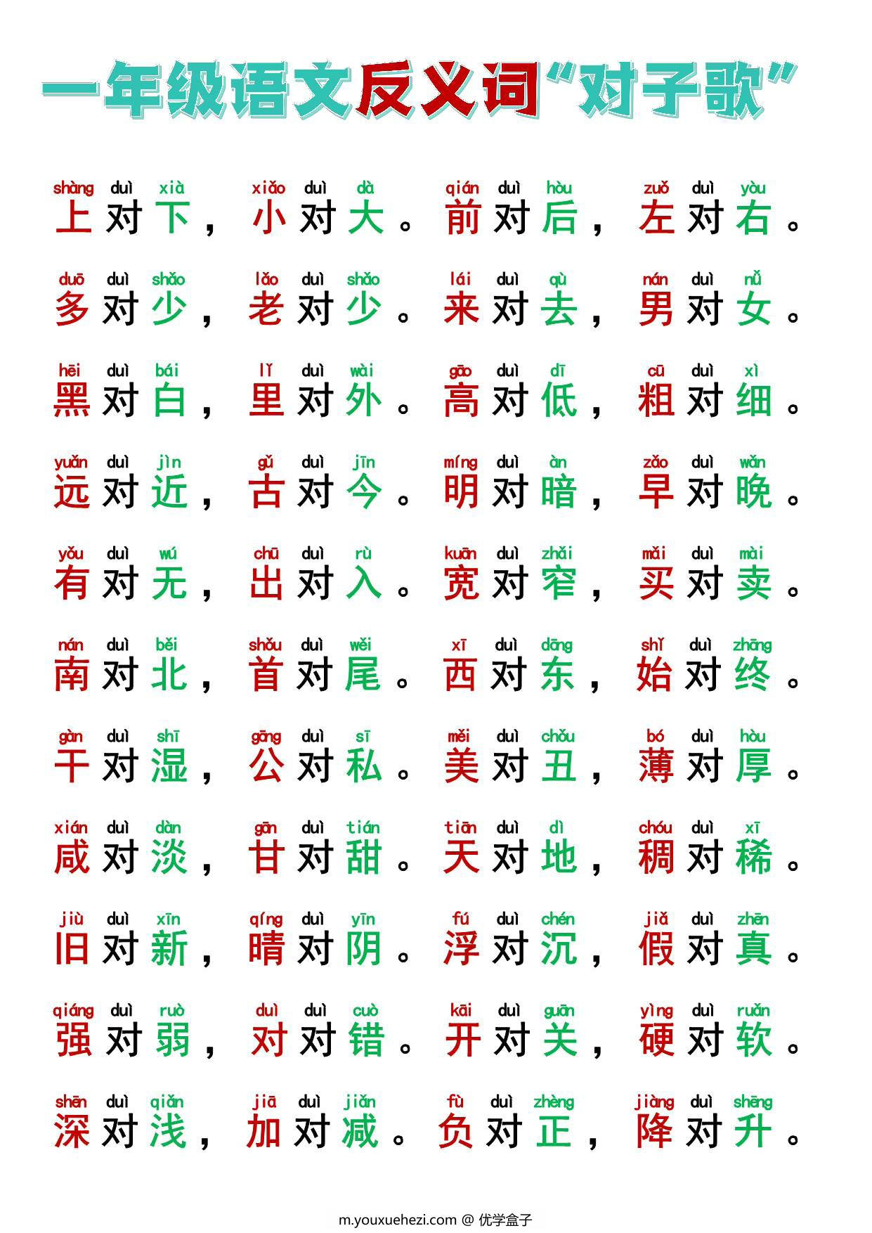 图片[1]-一年级反义词+近义词“对子歌”，8页PDF电子版可打印-优学盒子