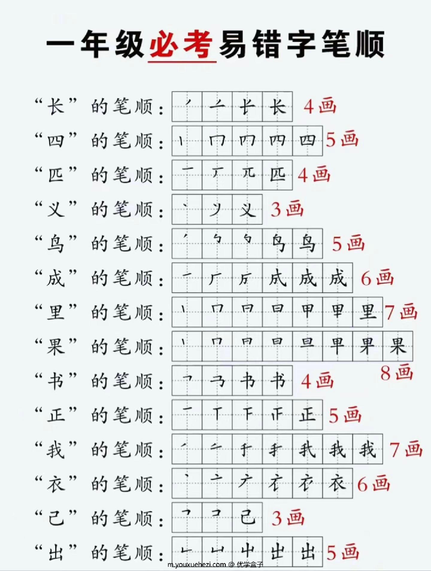 图片[2]-一年级上册语文必考易错字笔顺，2页PDF电子版-优学盒子