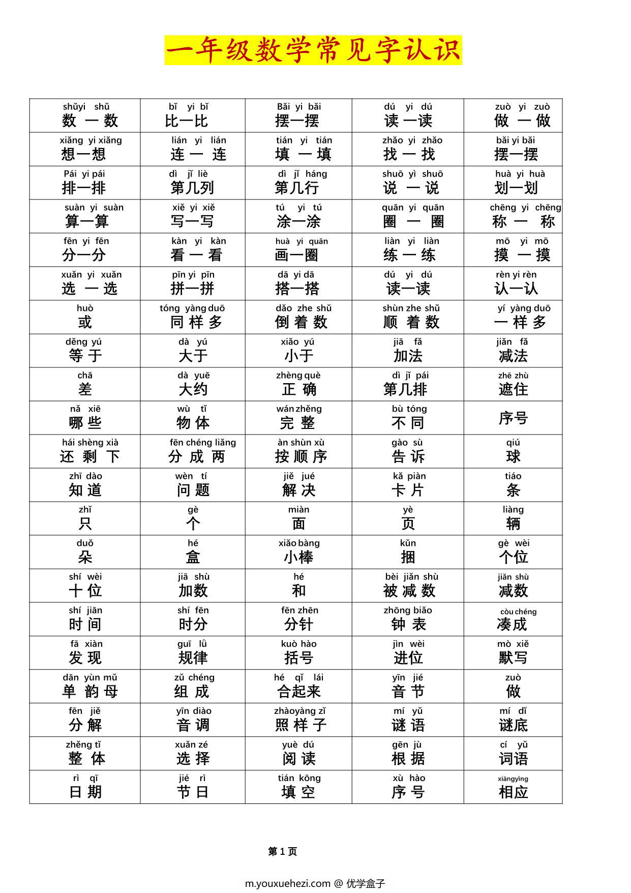 图片[1]-一年级数学常见字认识（拼音版），2页PDF电子版-优学盒子