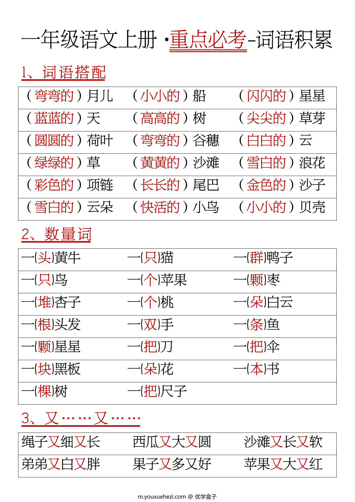 图片[1]-一年级语文上册重点必考词语积累，6页PDF电子版-优学盒子