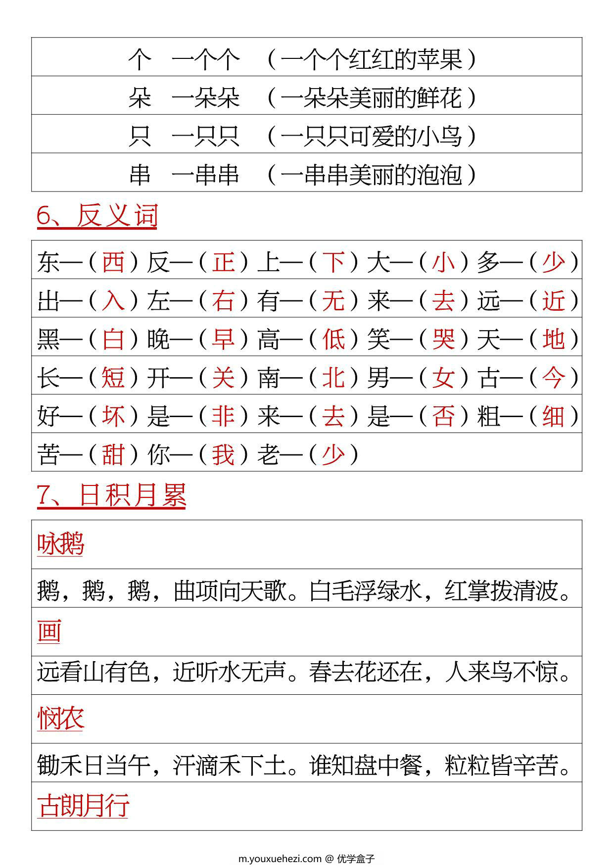 图片[2]-一年级语文上册重点必考词语积累，6页PDF电子版-优学盒子