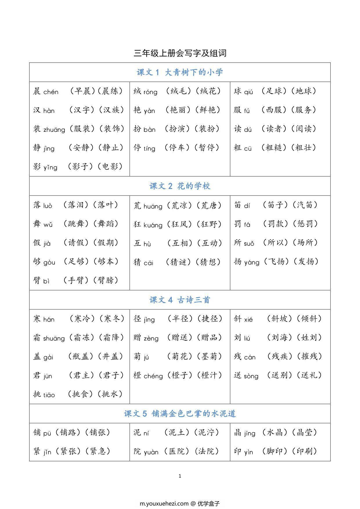 图片[1]-三年级语文上册会写字及组词，7页PDF可打印-优学盒子
