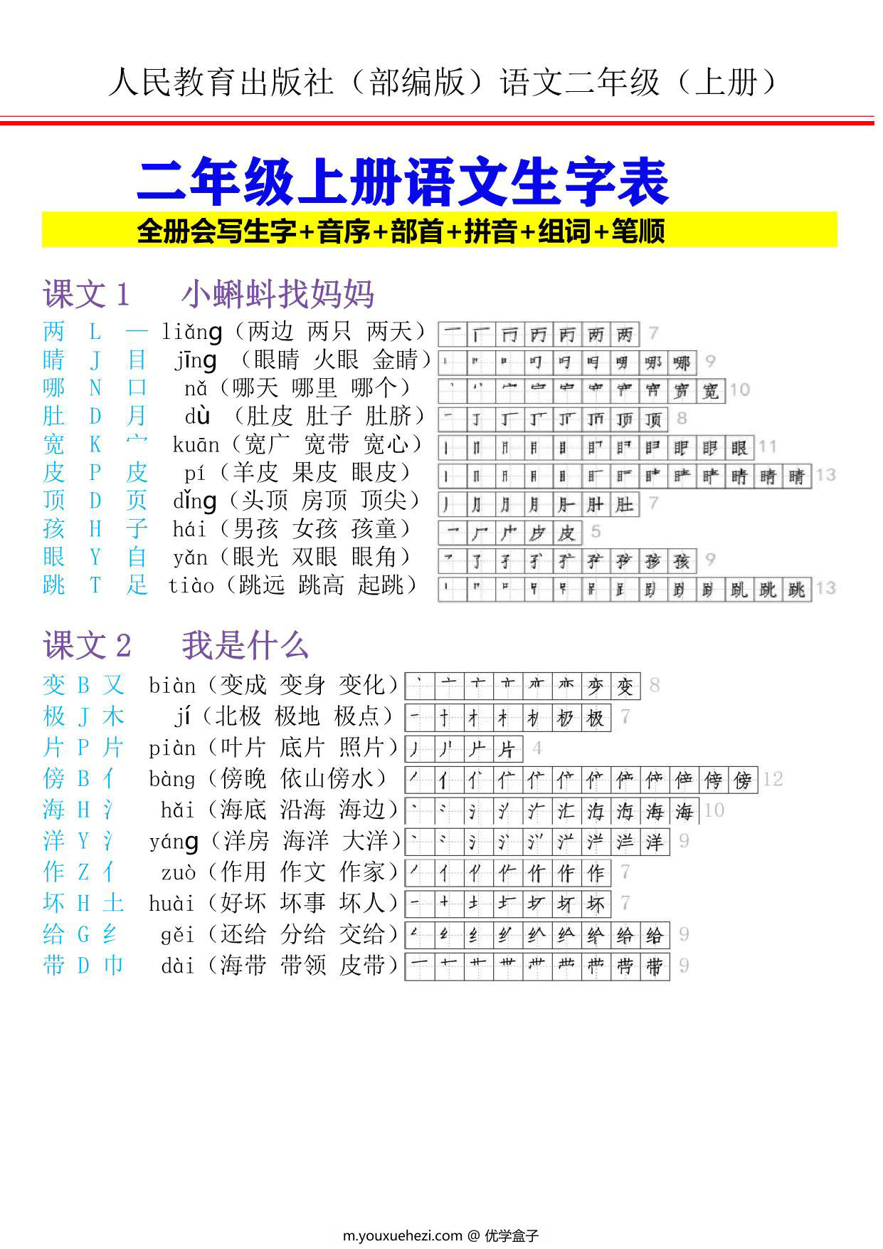 图片[1]-二年级上册语文生字表，全册会写生字+音序+部首+拼音+组词笔顺，11页PDF电子版-优学盒子