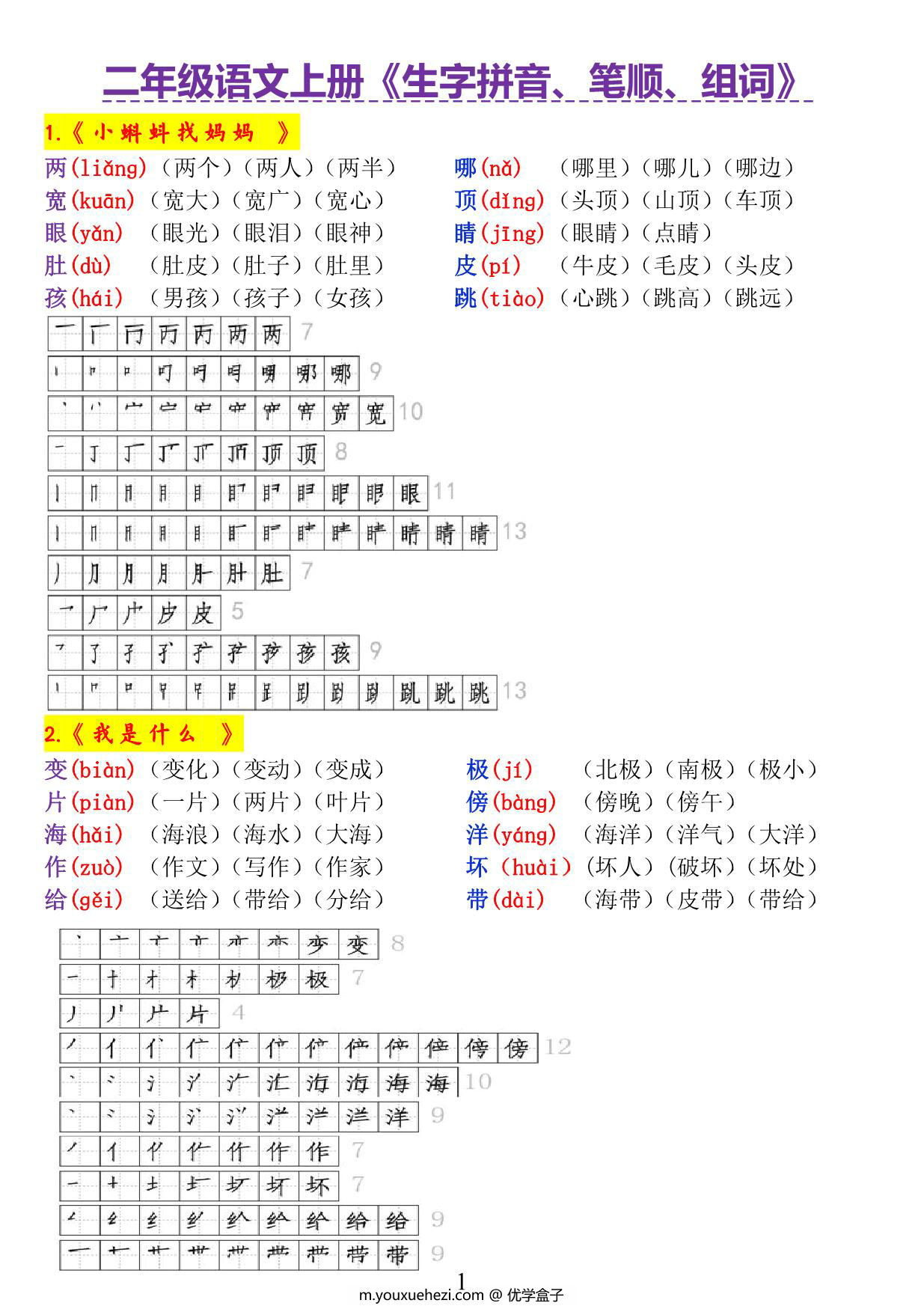 图片[1]-二年级语文上册《生字拼音、笔顺、组词》，14页PDF可打印-优学盒子