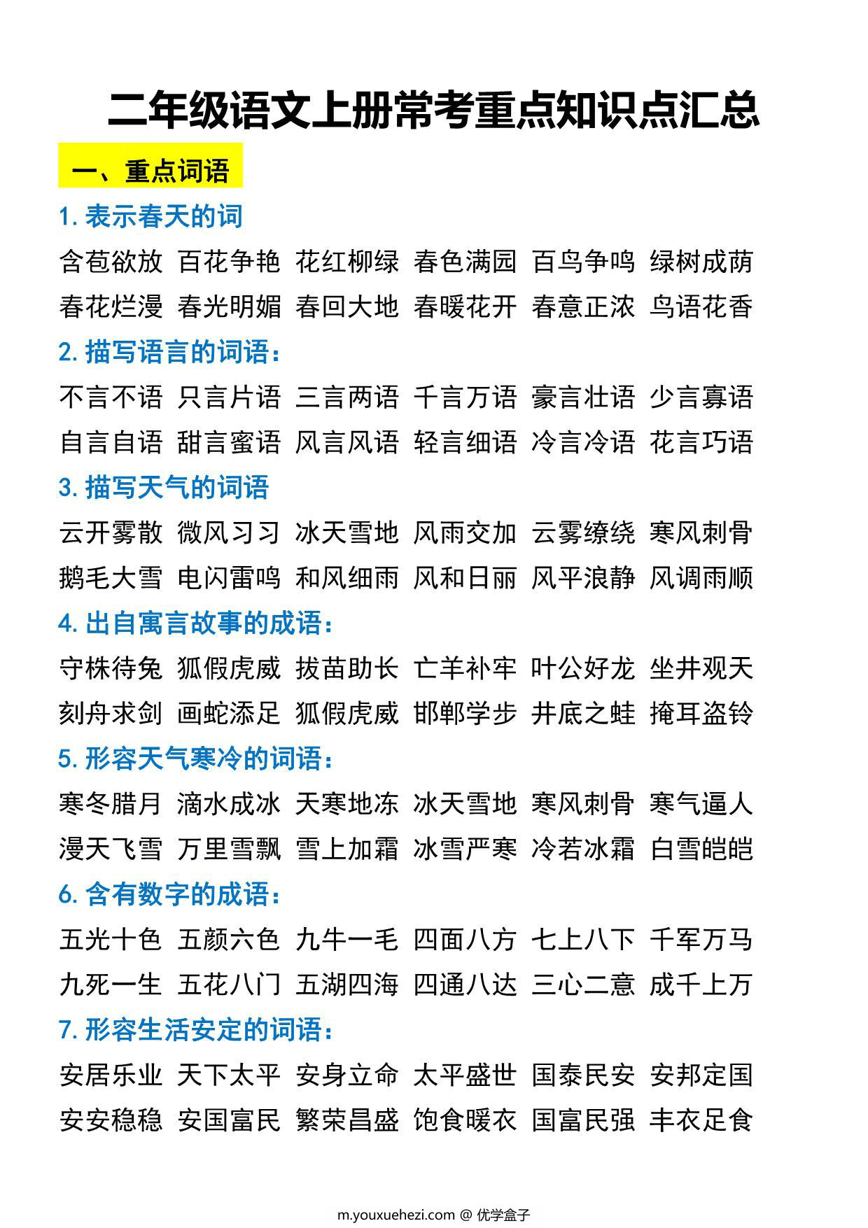 图片[1]-二年级语文上册常考重点知识点汇总，7页PDF可打印-优学盒子