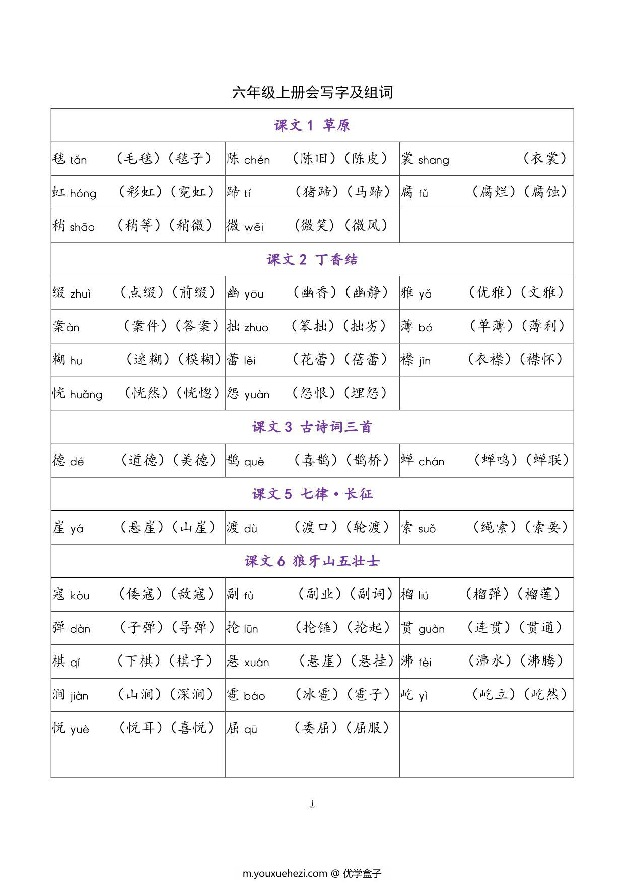 图片[1]-六年级语文上册会写字及组词，5页PDF可打印-优学盒子