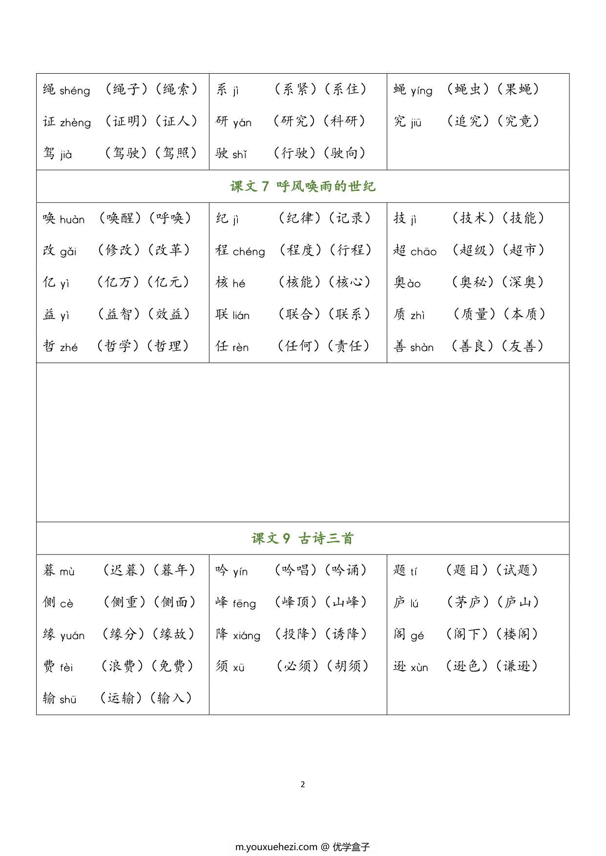 图片[2]-四年级语文上册会写字及组词，7页PDF可打印-优学盒子