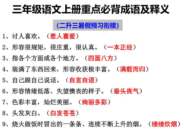 三年级语文上册重点必背成语及释义，二升三暑假预习衔接，7页PDF电子版-优学盒子