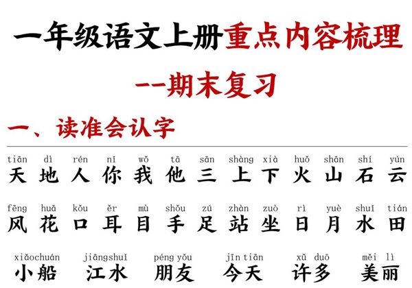 一年级语文上册重点预习内容梳理（版本二），11页PDF电子版-优学盒子