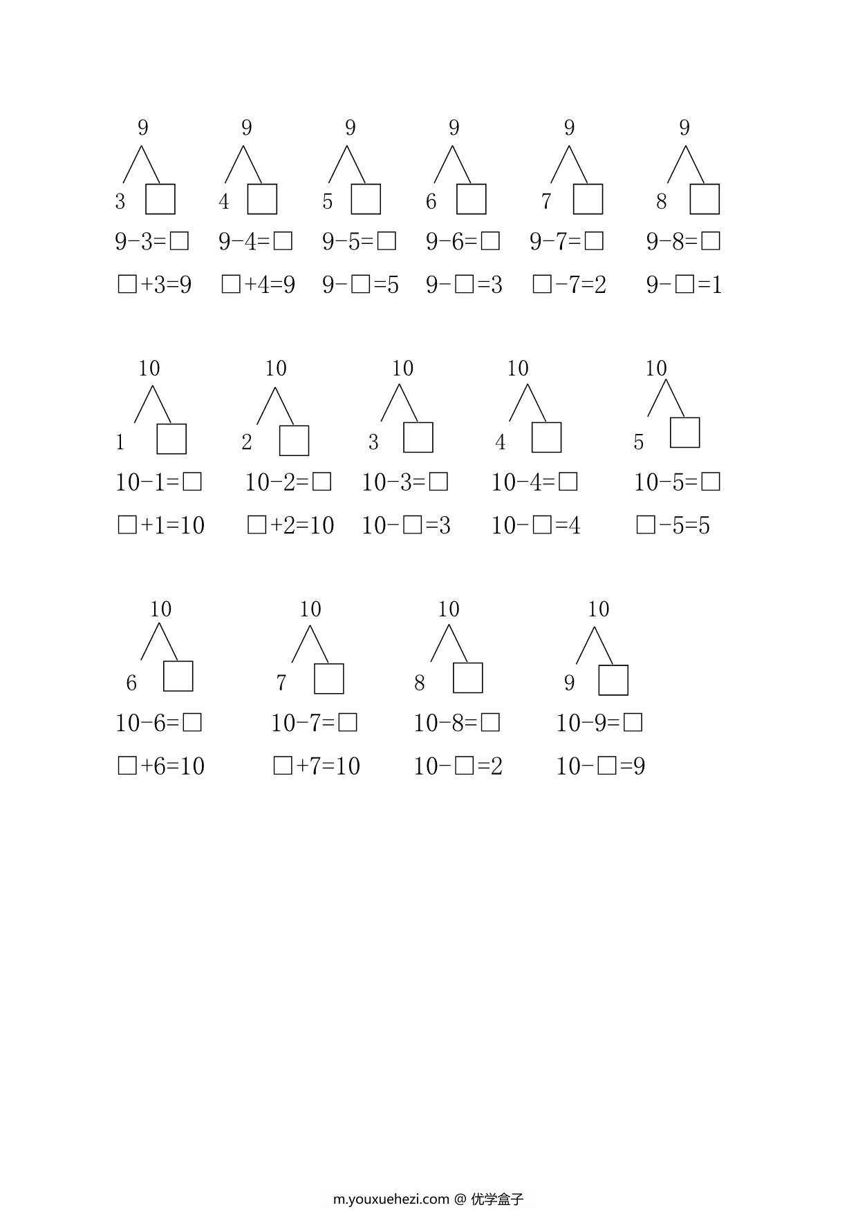图片[2]-10以内分解式和加减法组合练习，2页PDF可打印-优学盒子