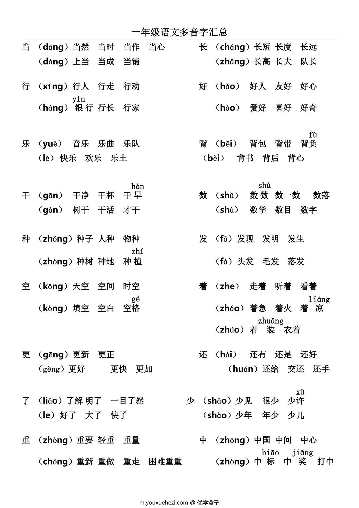 图片[1]-一年级语文上册多音字及组词汇总，3页PDF电子版-优学盒子