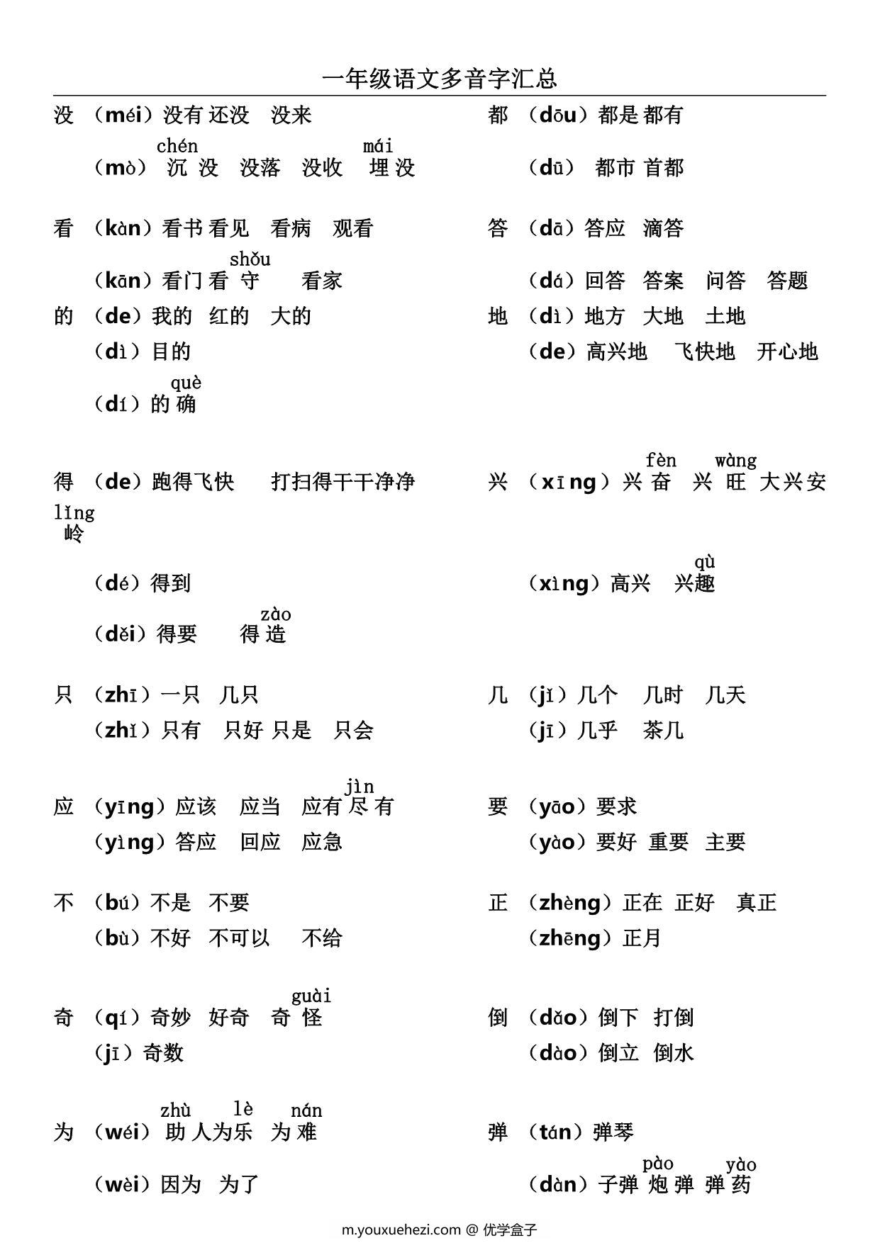 图片[2]-一年级语文上册多音字及组词汇总，3页PDF电子版-优学盒子