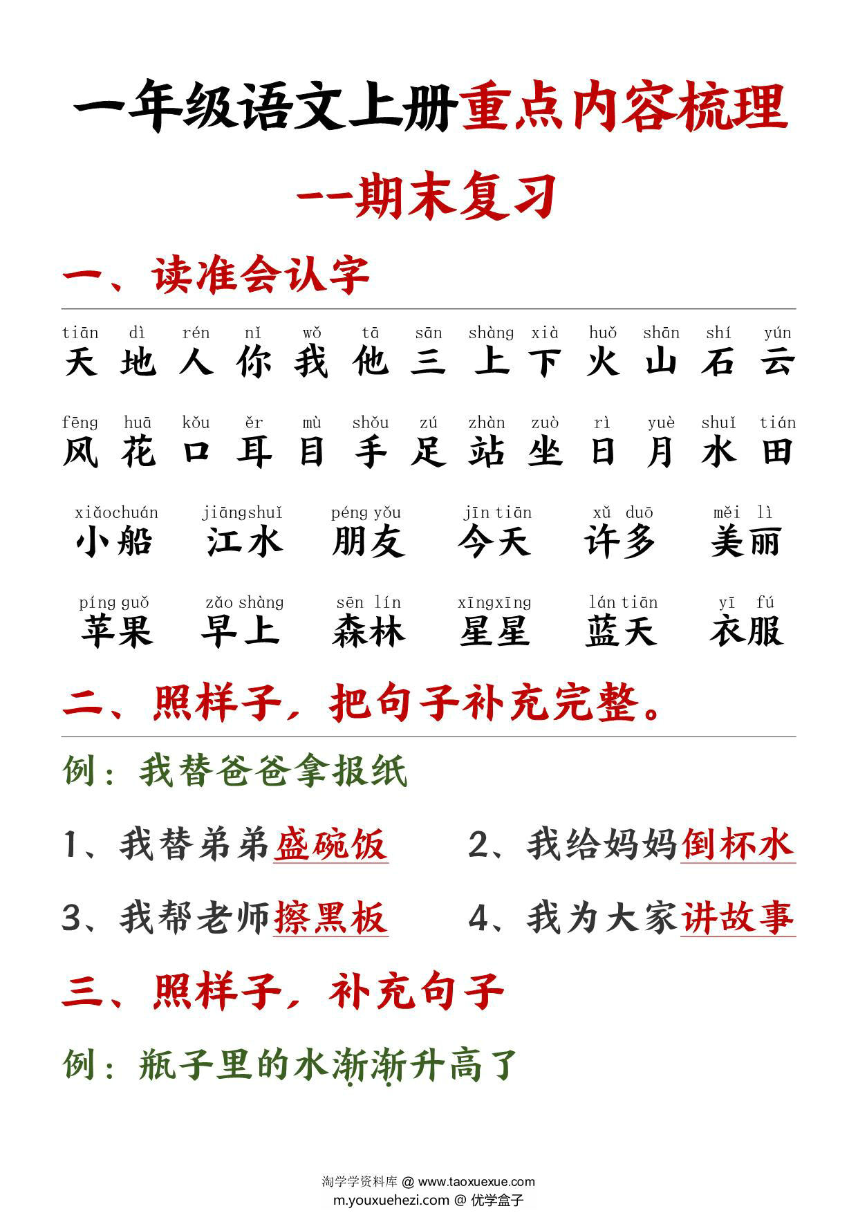 图片[1]-一年级语文上册重点预习内容梳理（版本二），11页PDF电子版-优学盒子