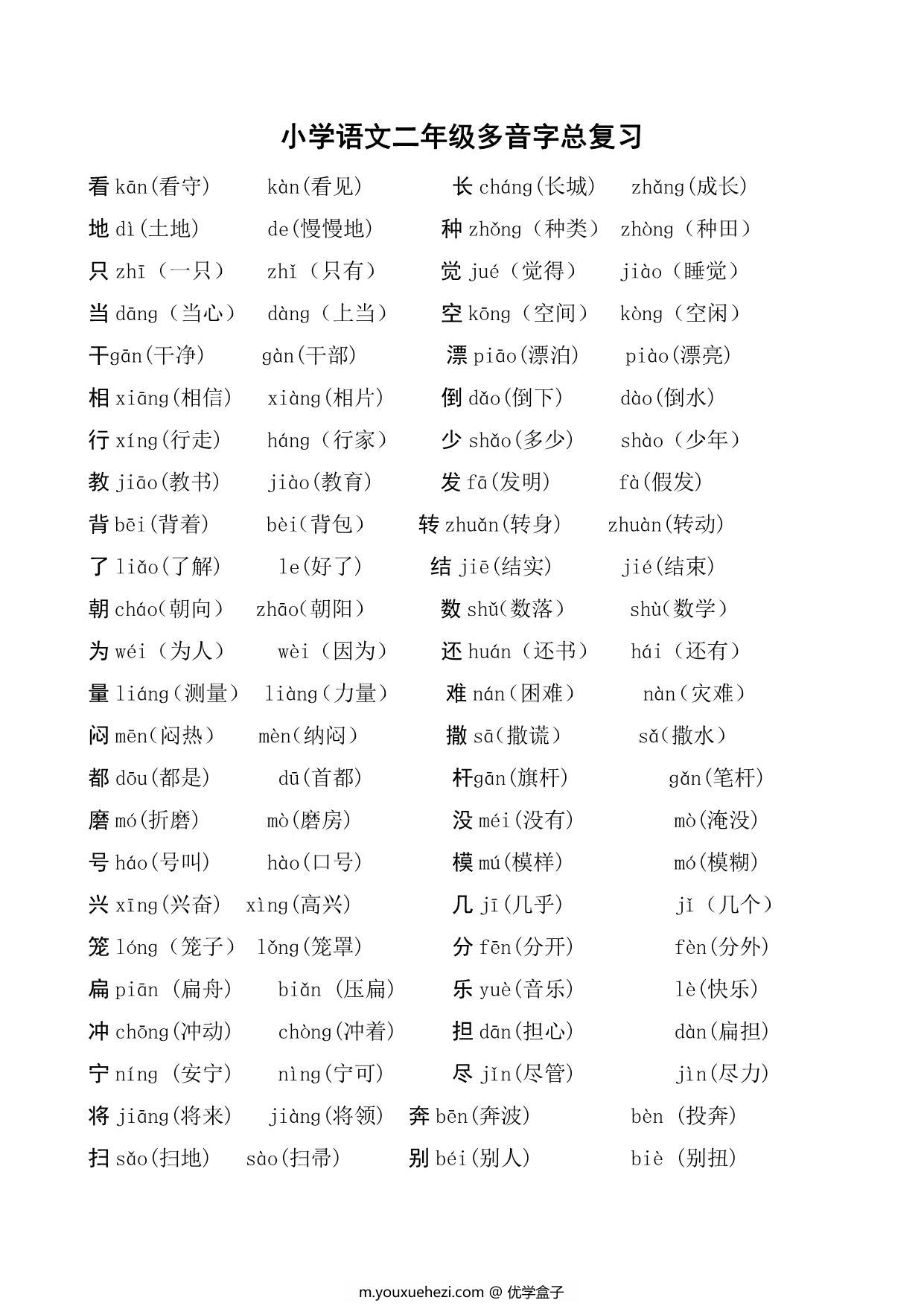 图片[1]-二年级语文上册多音字及组词汇总，4页PDF可打印-优学盒子