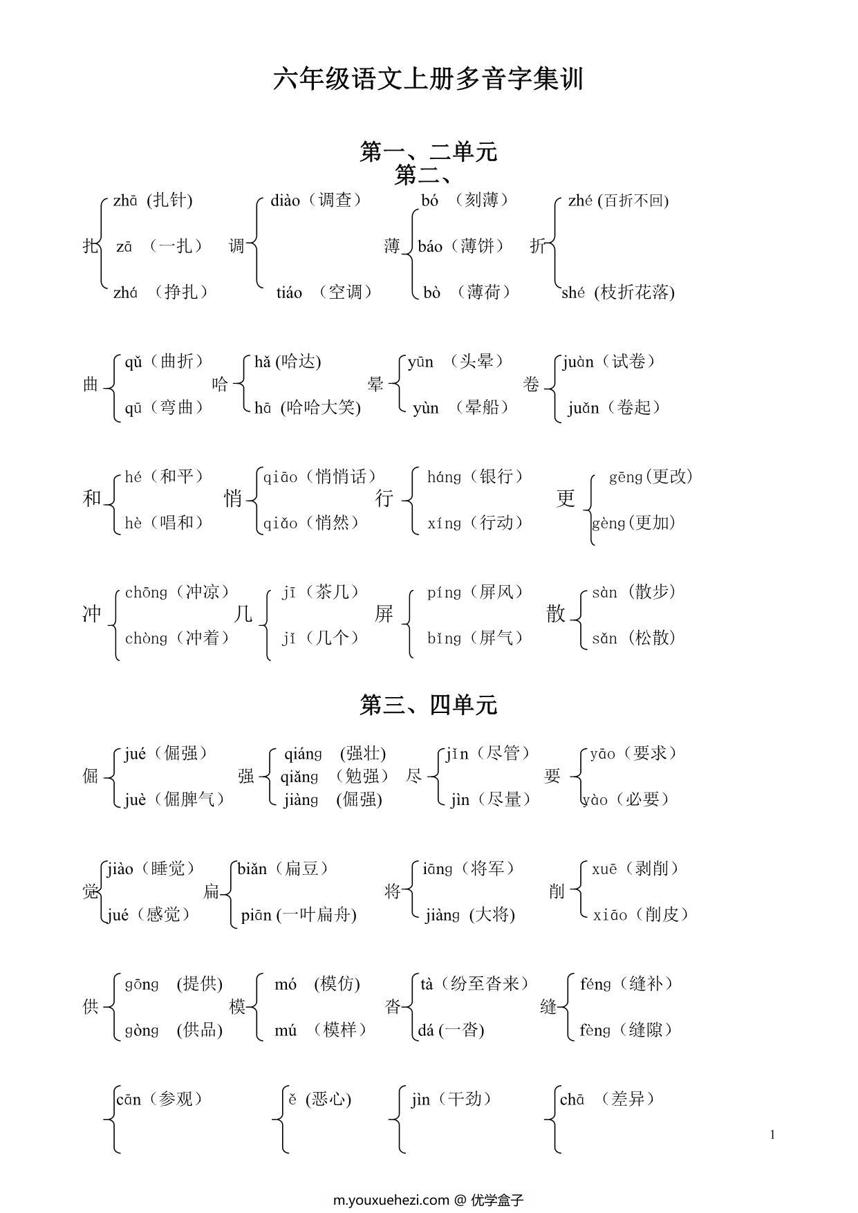 图片[1]-六年级语文上册多音字及组词汇总，2页PDF可打印-优学盒子