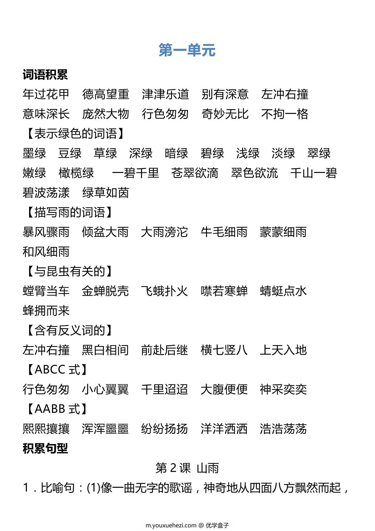 图片[1]-六年级语文上册词语归类积累 课文佳句汇总，12页PDF可打印-优学盒子