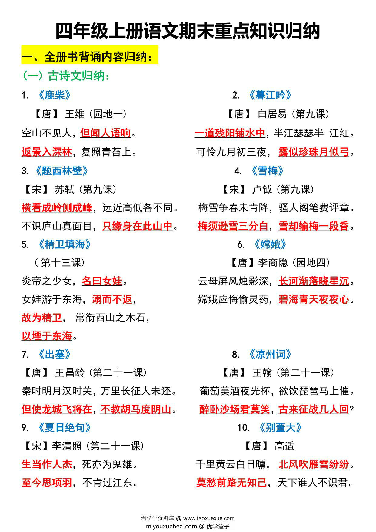 图片[1]-四年级上册语文期末重点知识归纳，24页PDF可打印-优学盒子