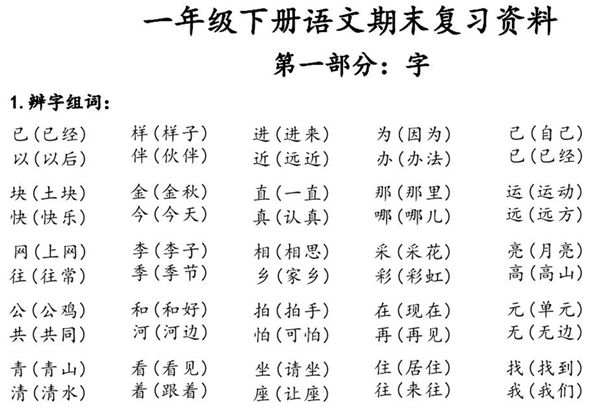 一年级下册语文期末复习资料，16页PDF电子版-优学盒子