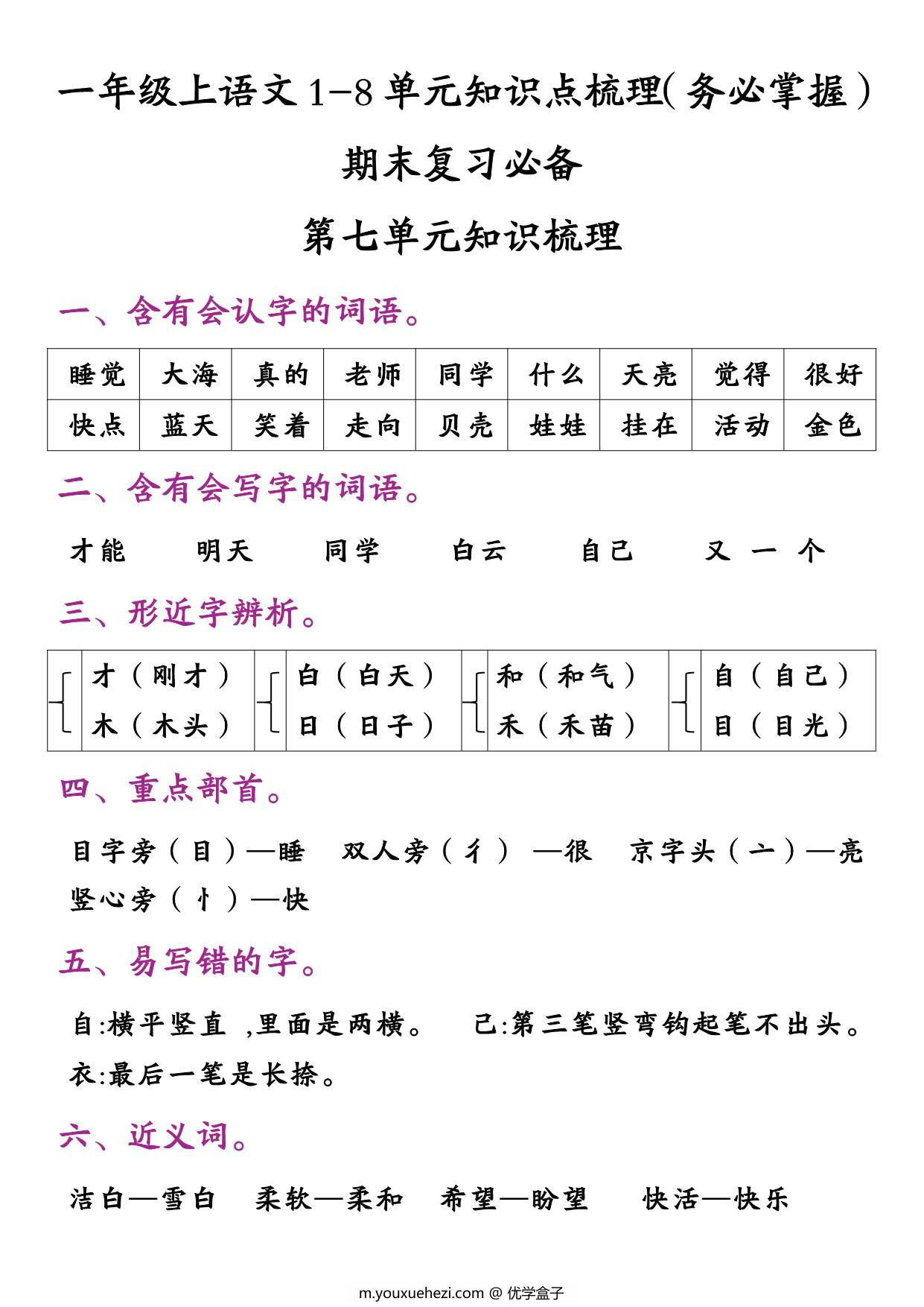 图片[5]-一年级上册语文1-8单元知识点梳理（务必掌握）期末复习必备，16页PDF电子版-优学盒子