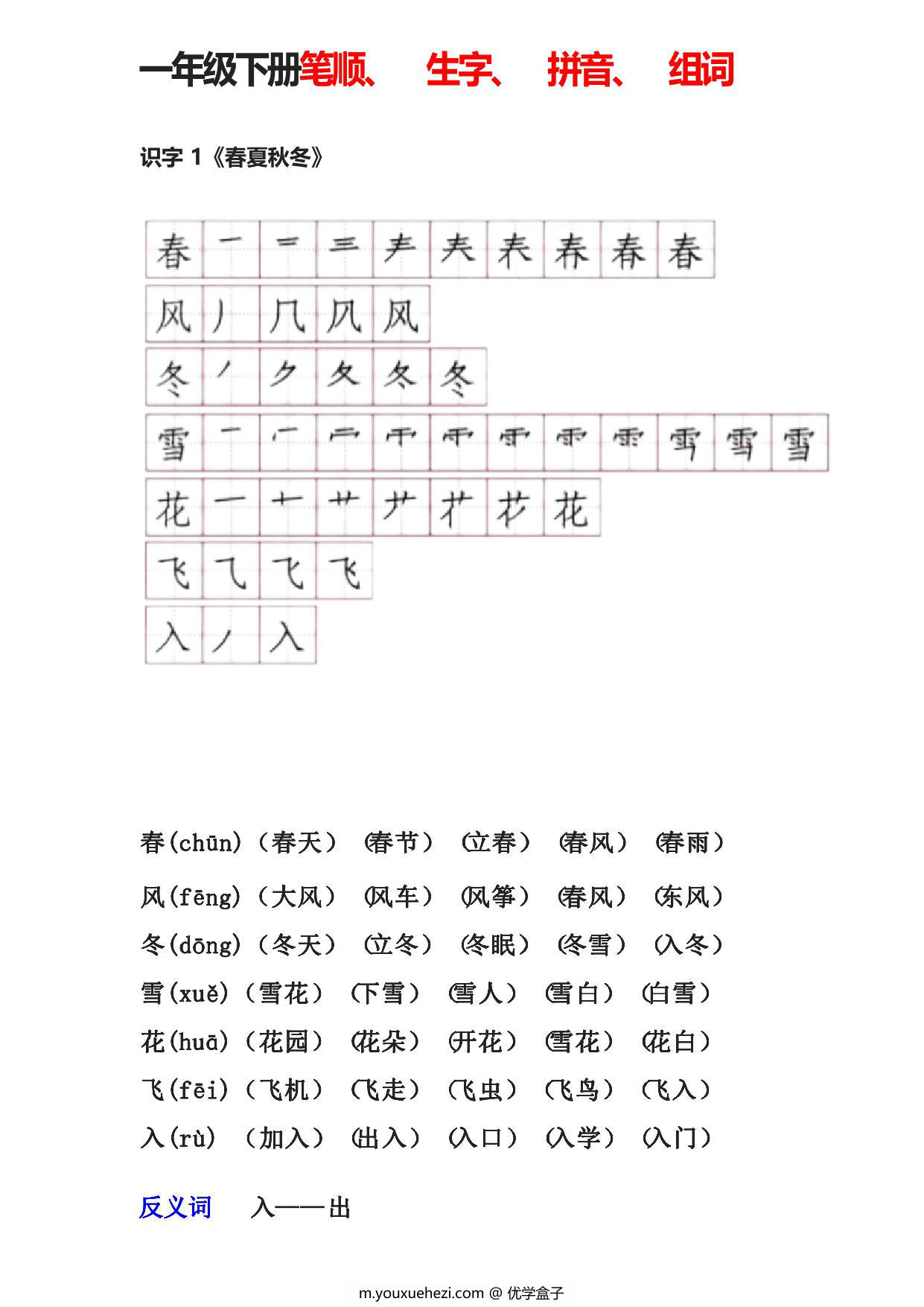 图片[1]-一年级语文下册笔顺、生字、拼音、组词，30页PDF可打印-优学盒子