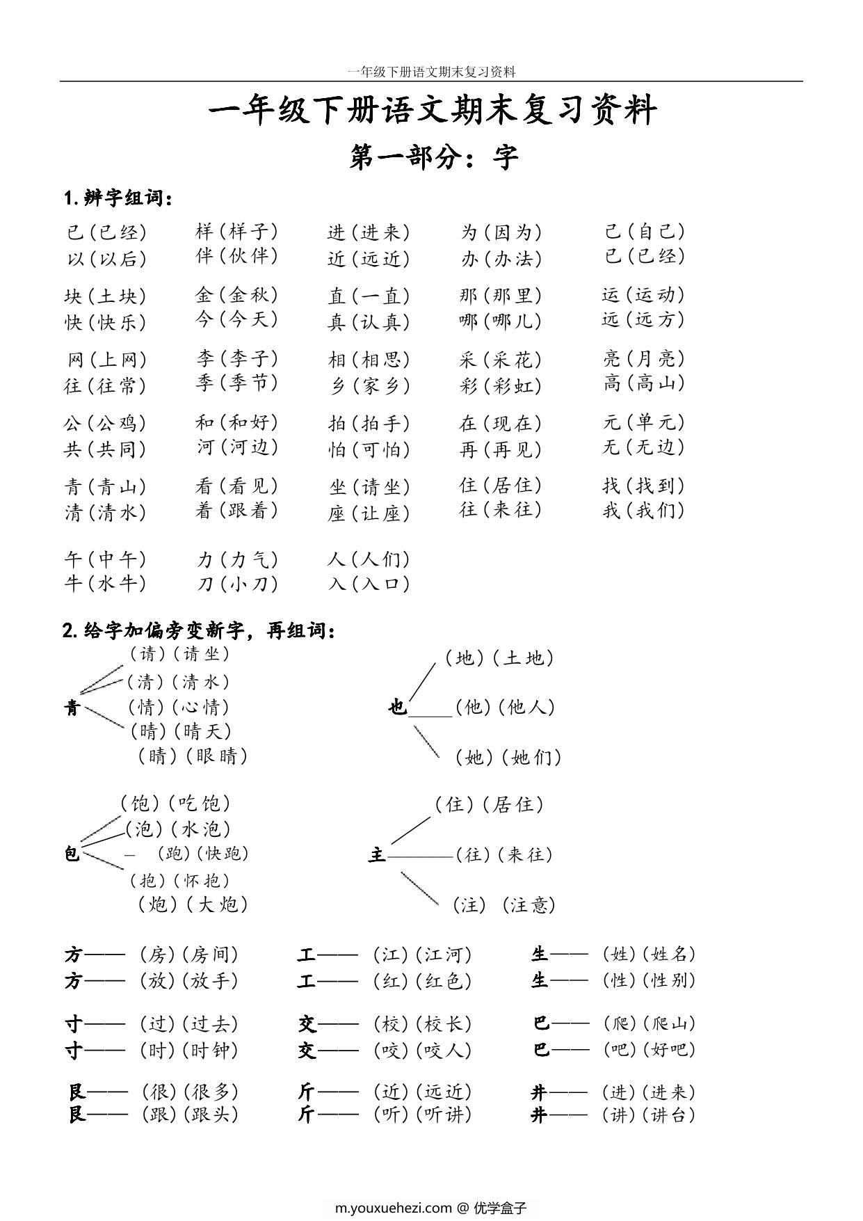 图片[1]-一年级下册语文期末复习资料，16页PDF电子版-优学盒子