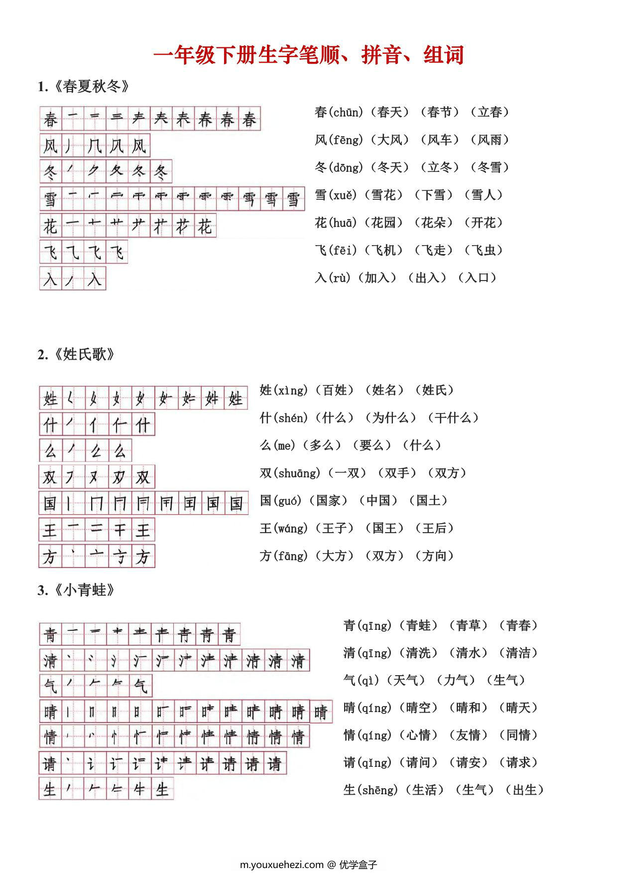图片[1]-一年级下册语文生字笔顺读音组词，10页PDF电子版可打印-优学盒子