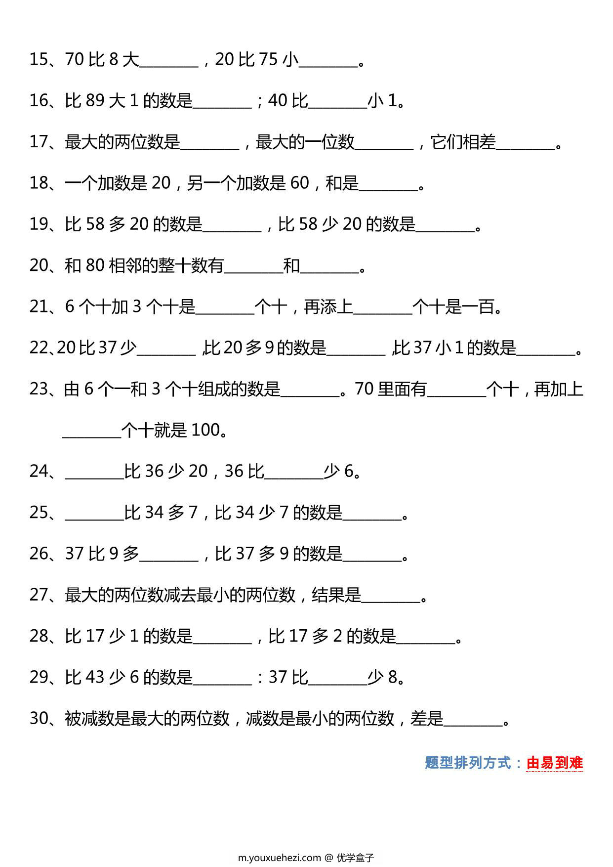 图片[2]-一年级数学下册必考填空 比字题型专项30道，3页PDF电子版-优学盒子