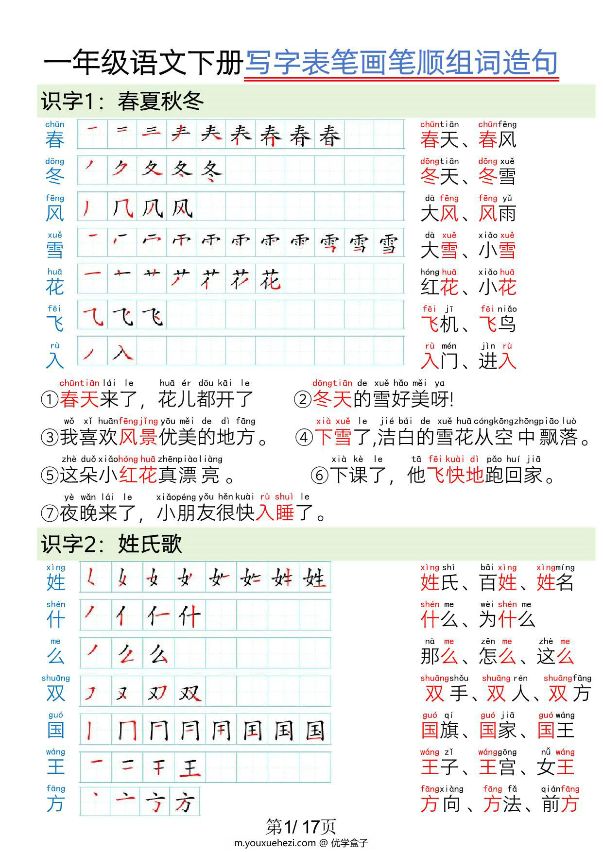 图片[1]-一年级语文下册写字表笔画笔顺组词造句，17页PDF电子版可打印-优学盒子