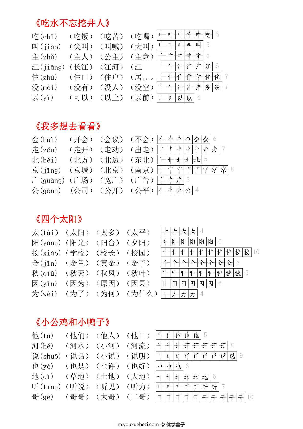 图片[2]-一年级语文下册生字小贴贴（生字拼音组词笔顺），7页PDF电子版-优学盒子