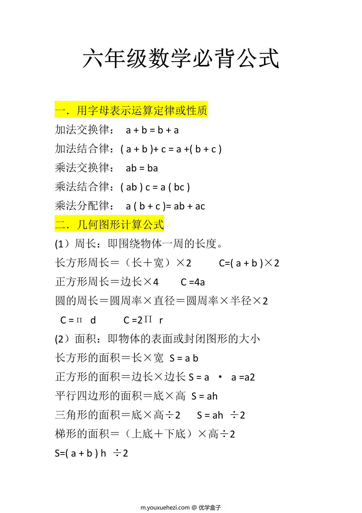图片[1]-六年级数学必背公式大全，5页PDF可打印-优学盒子