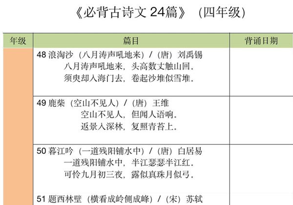 四年级文背诵记录表，3页pdf可打印-优学盒子