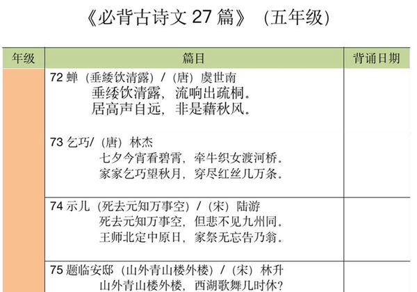 五年级古诗文背诵记录表，4页pdf电子版-优学盒子